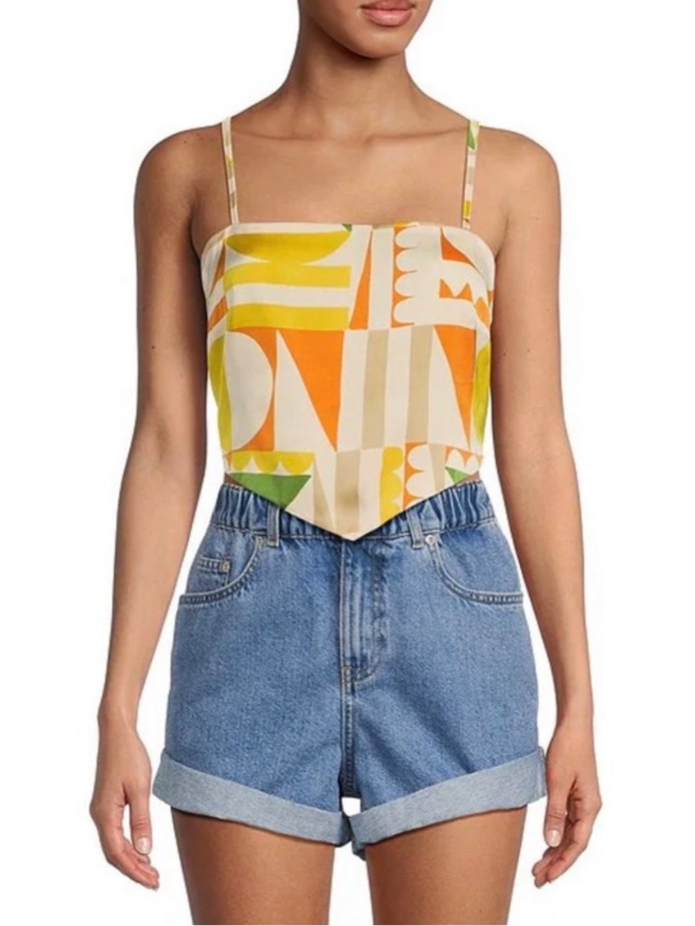 Gianni Bini-Tie Crop Geometric Scarf Top in Yellow Orange Green-sz S-must have!